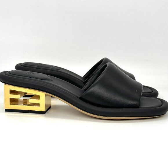 FENDI Baguette Cutout FF Logo Heel Wide Band Slide Mule Sandals Shoes Black - Picture 11 of 16